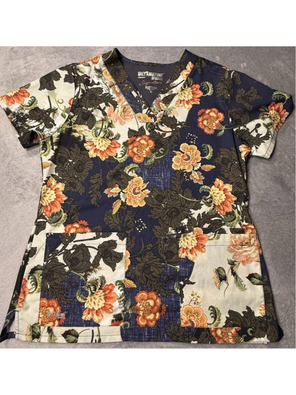 Greys Anatomy Blue Floral Printed Top Soft Medical Scrub with Pockets Womens M